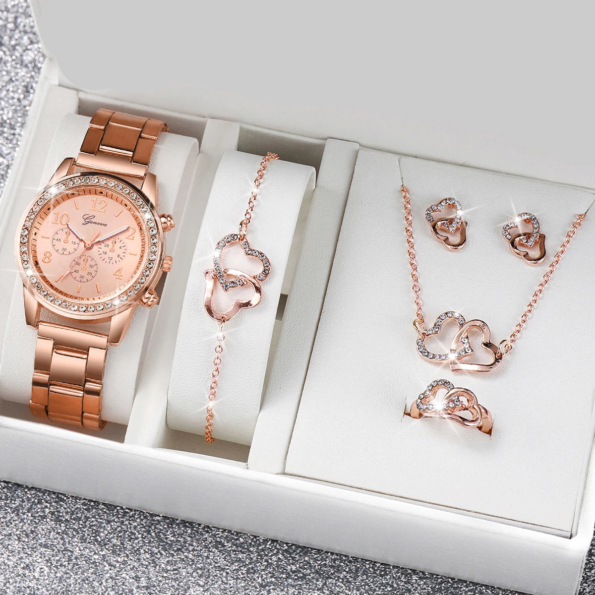 Relógio Feminino Strass Aço Inoxidável Duplo Coração Conjunto de Jóias