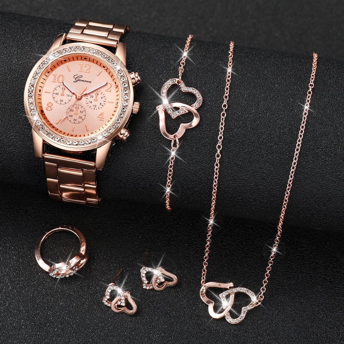 Relógio Feminino Strass Aço Inoxidável Duplo Coração Conjunto de Jóias