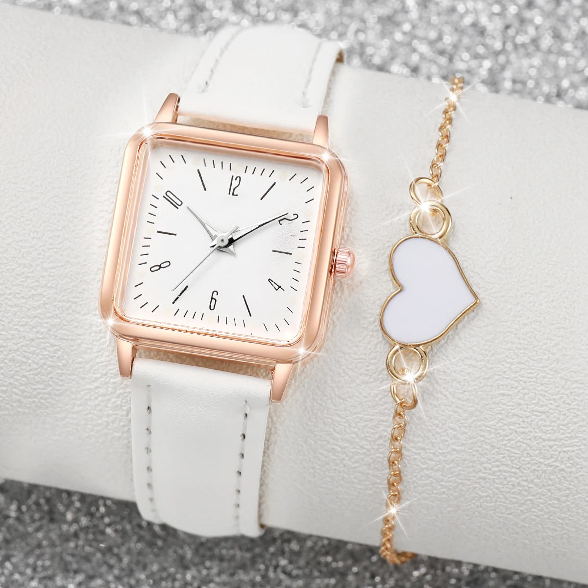 Relógio Feminino Quadrado Pulseira de Couro Conjunto Pulseira de Coração