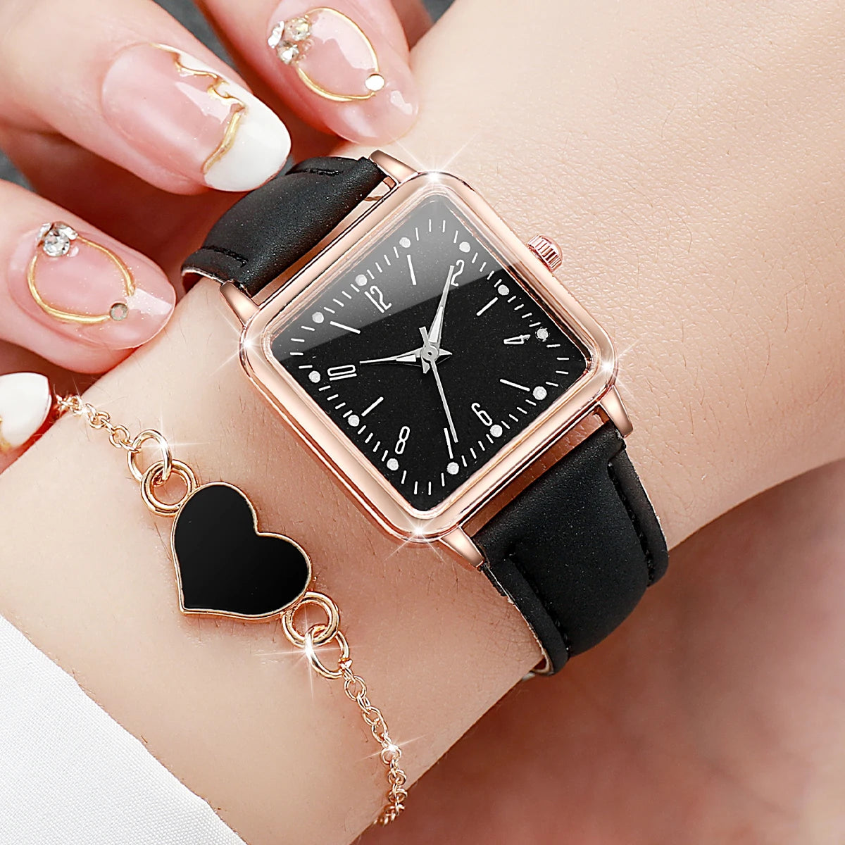 Relógio Feminino Quadrado Pulseira de Couro Conjunto Pulseira de Coração