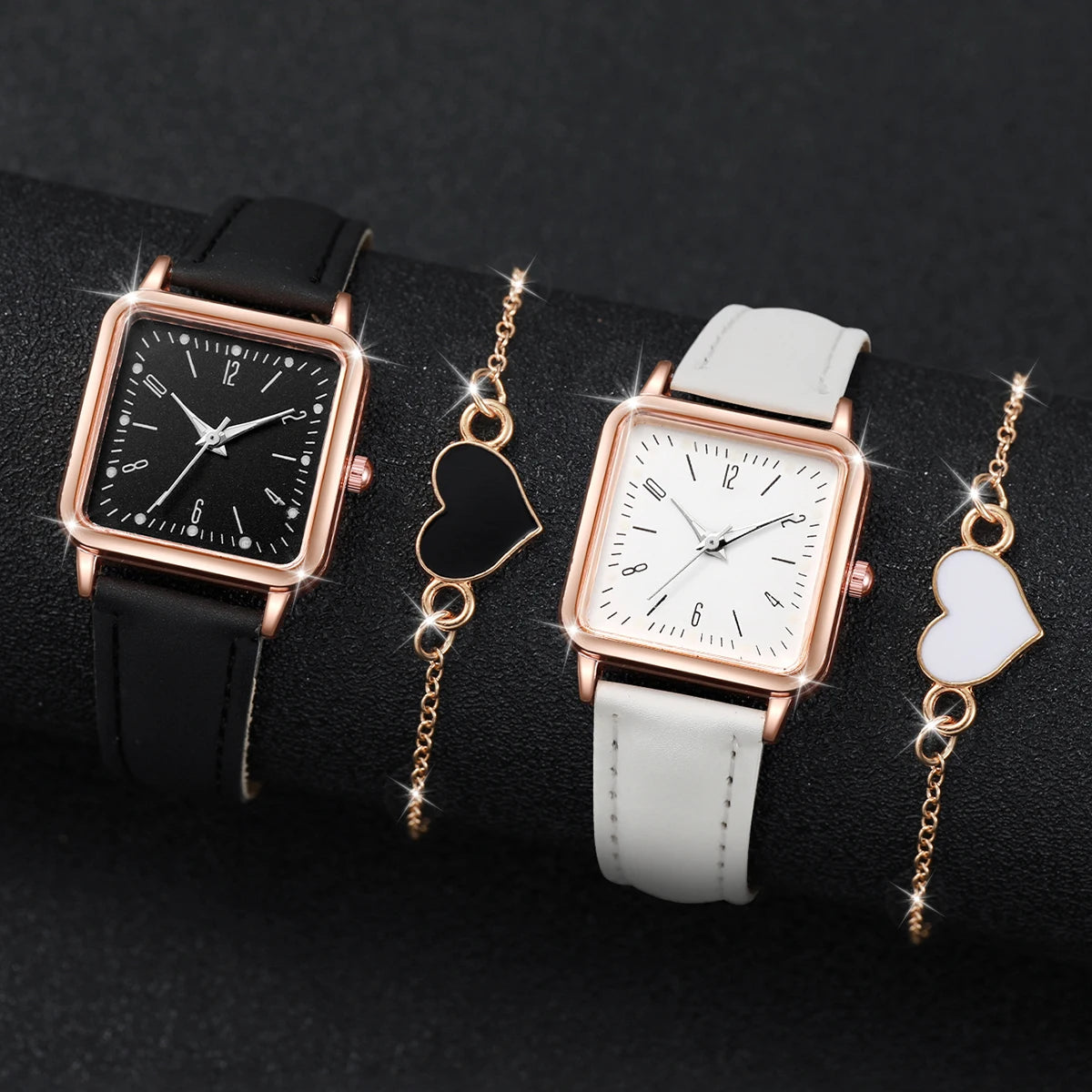 Relógio Feminino Quadrado Pulseira de Couro Conjunto Pulseira de Coração