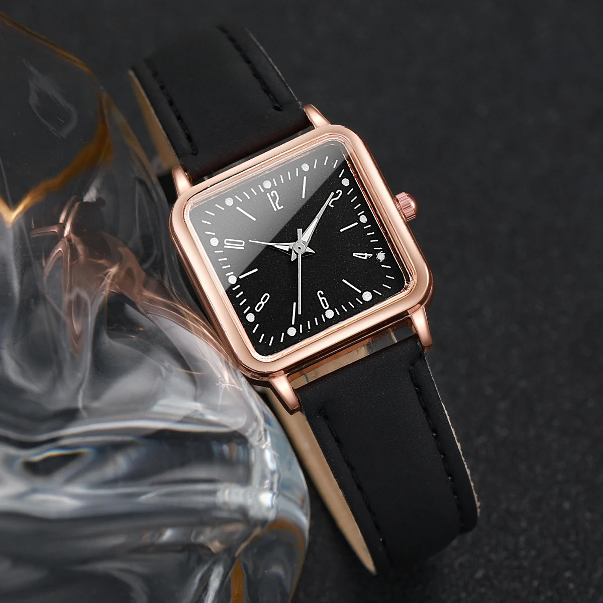 Relógio Feminino Quadrado Pulseira de Couro Conjunto Pulseira de Coração