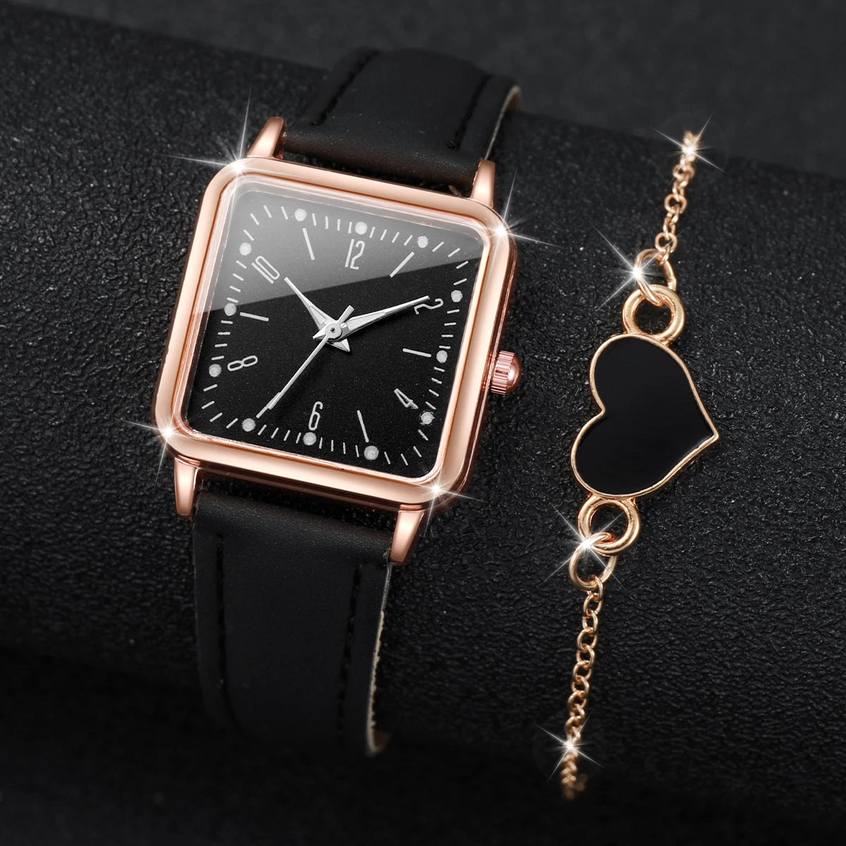 Relógio Feminino Quadrado Pulseira de Couro Conjunto Pulseira de Coração